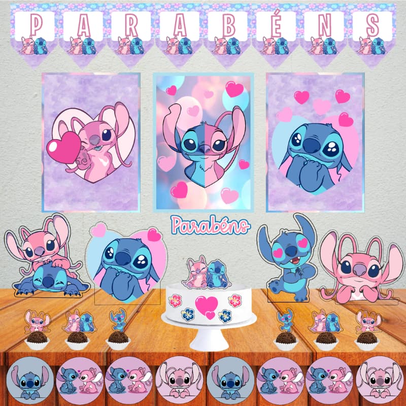 Kit Festa Stitch e Angel Rosa e Azul, festa em casa, escola decoração completa