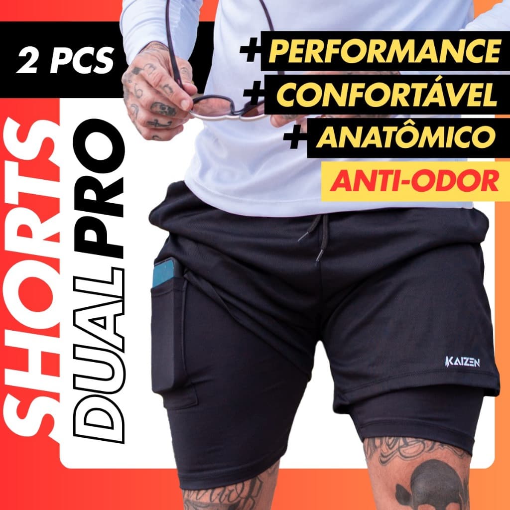 KIT 2 BERMUDAS 2 EM 1 KAIZEN  FIT COM PROTEÇAO UV ACADEMIA