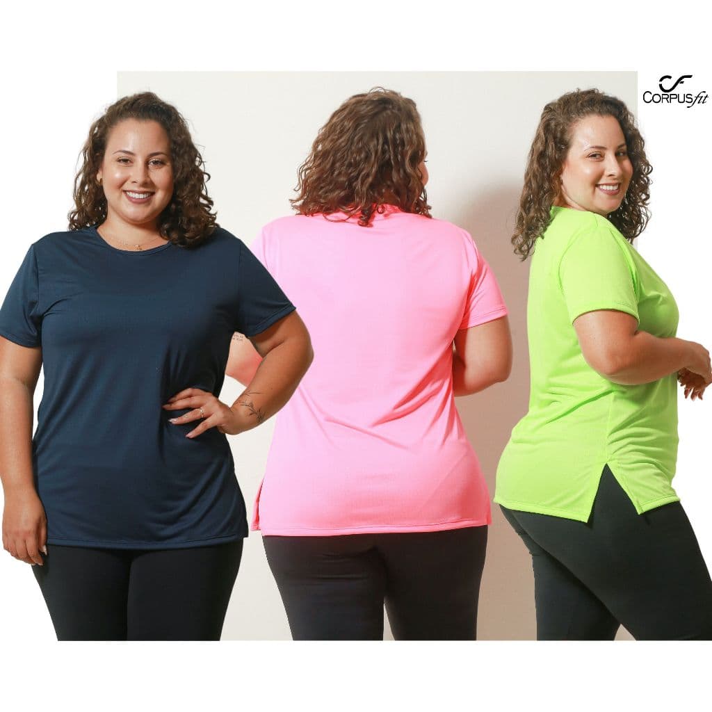 Blusa Dry Fit Plus Size Kit com 3 Blusinhas Feminina Roupa de Academia Tapa Bumbum Para Treino Curve
