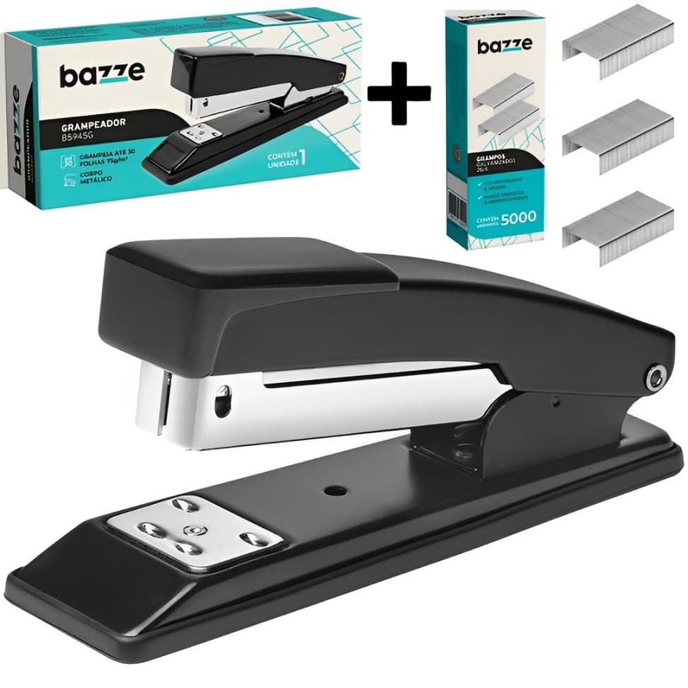 Grampeador Metal  Até 30 Folhas + 5.000 Grampos 26/6 Galvanizados Escolar Escritório