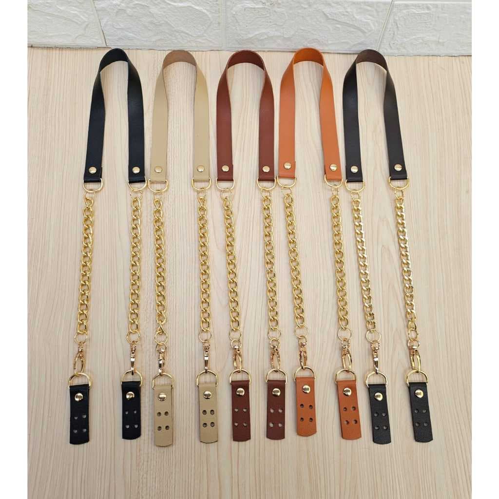 Alça de Couro Legítimo com Corrente Dourada e Porta Alça para a costura para bolsas de croche