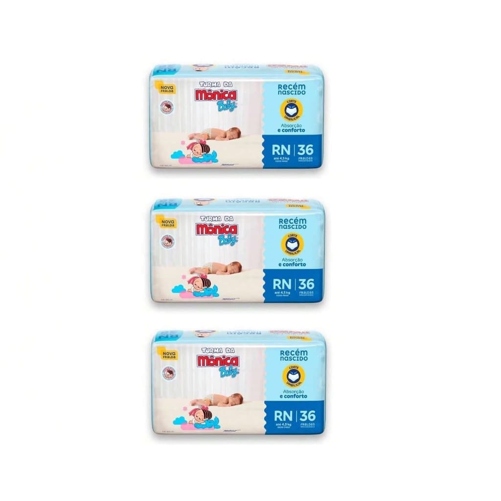 kit 3 pacotes Fralda RN Turma da Mônica 36un cada