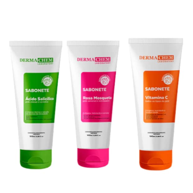 Dermachem Kit Skincare Sabonete Facial Rosa Mosqueta Vitamina C e Ácido Salicílico para Rosto
