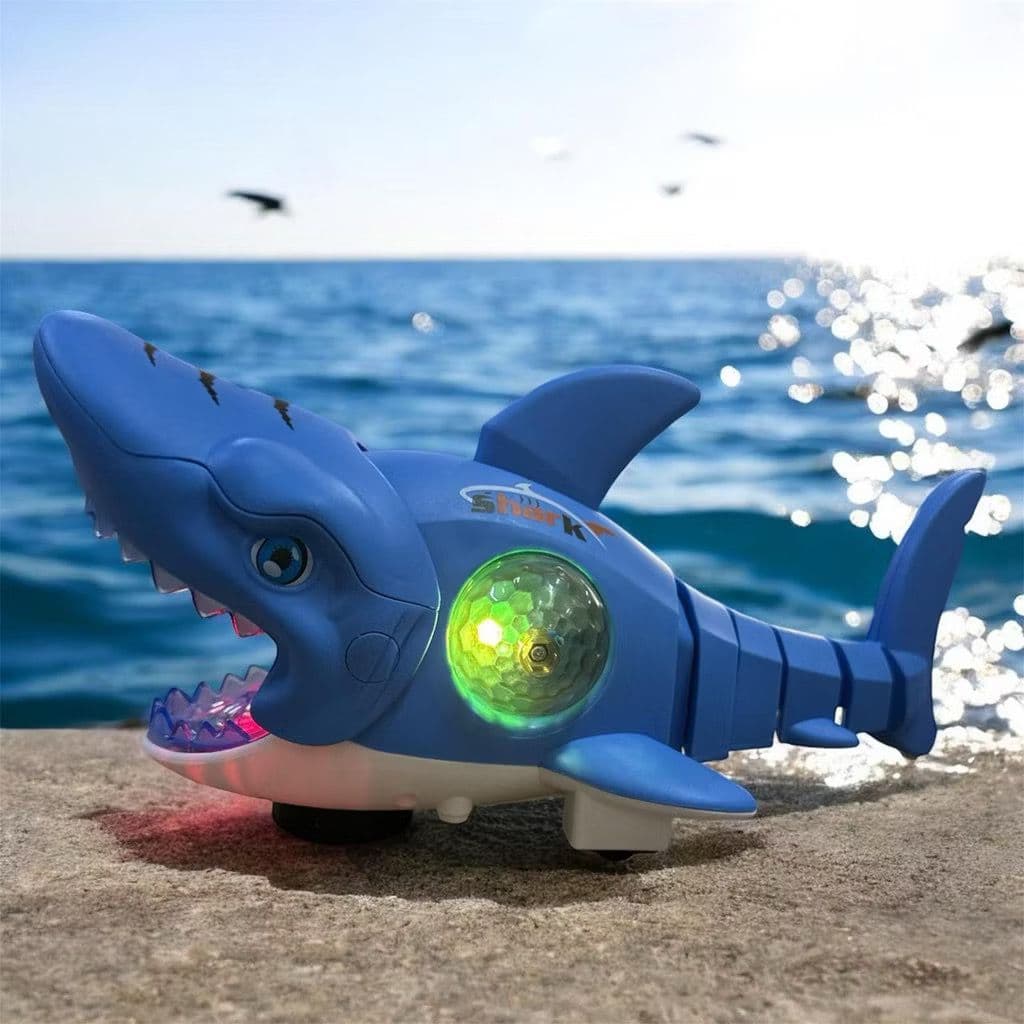 Tubarão Shark Peixe Fujão Robô Luz Led Sons Bate E Volta Brinquedo Musical a Pilha Peixinho Tubarao