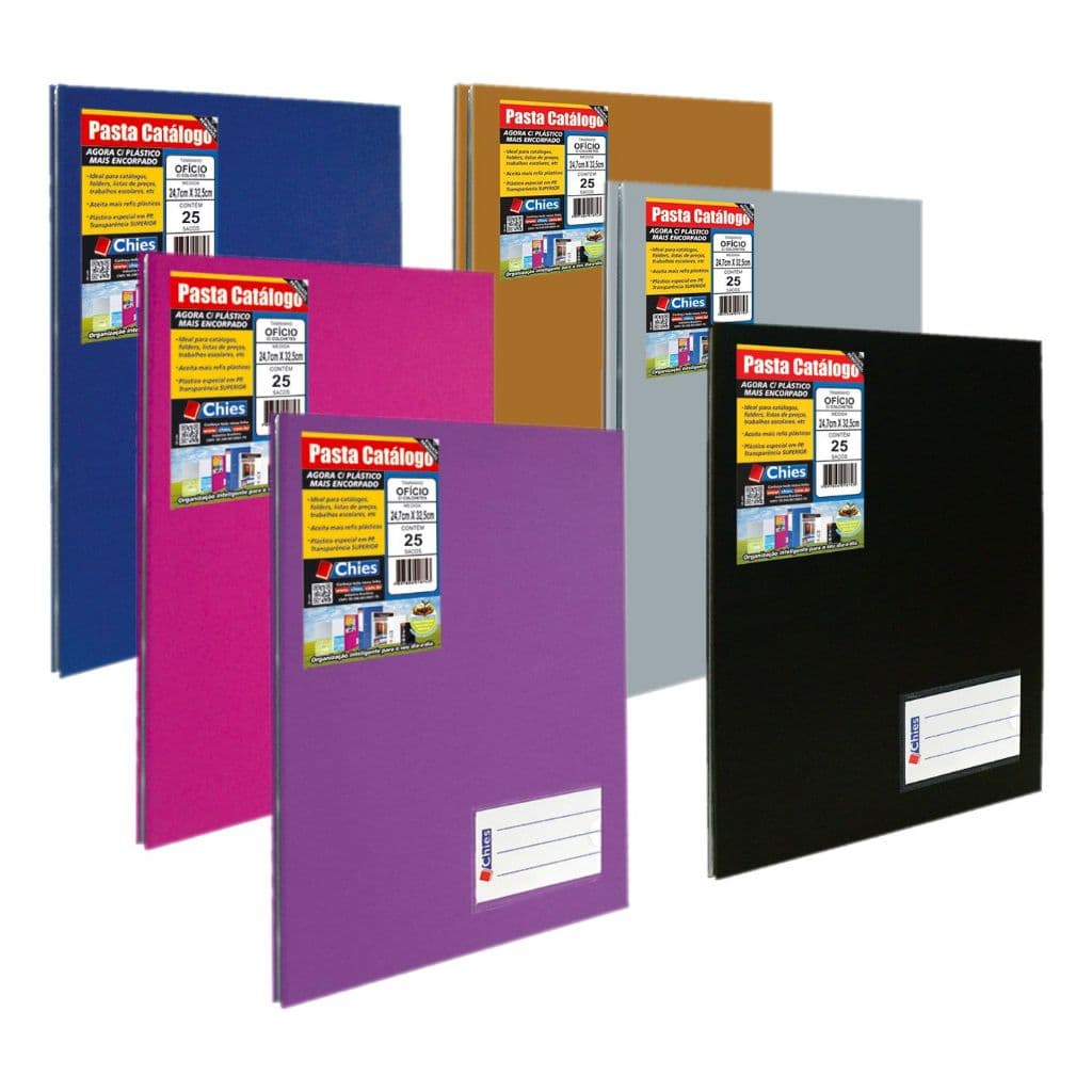 PASTA CATALOGO OF. CAPA DURA C/ 25 PLASTICOS CORES VIVAS
