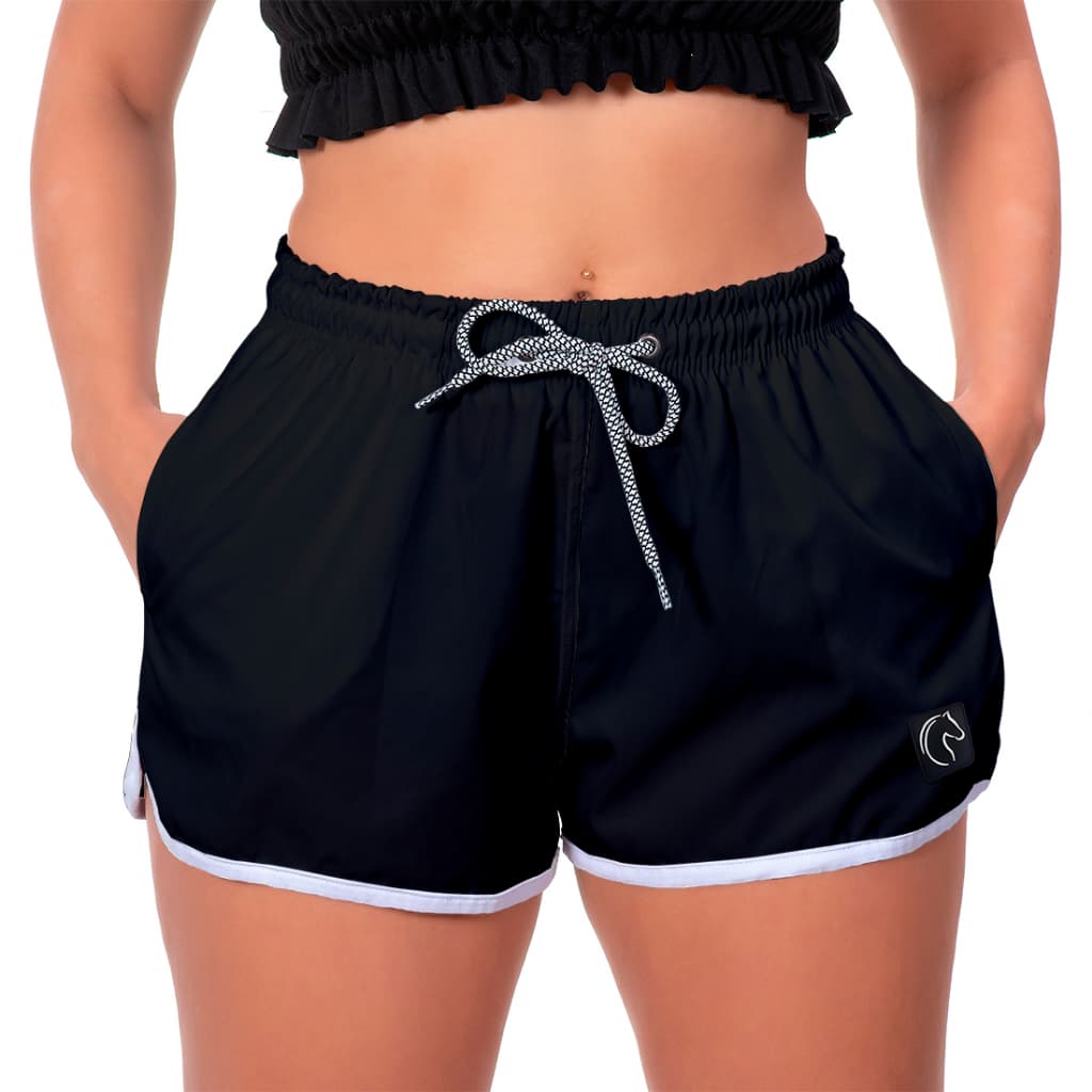 Shorts Feminino Básico Com Elástico Cordão Ajustável e Bolsos Uso Casual Treino Academia Praia Preto