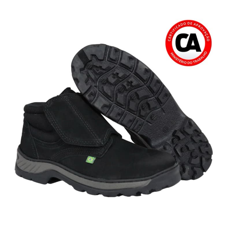 Botina Bota De Segurança Velcro Preta Para Trabalhar Bico Pvc CA