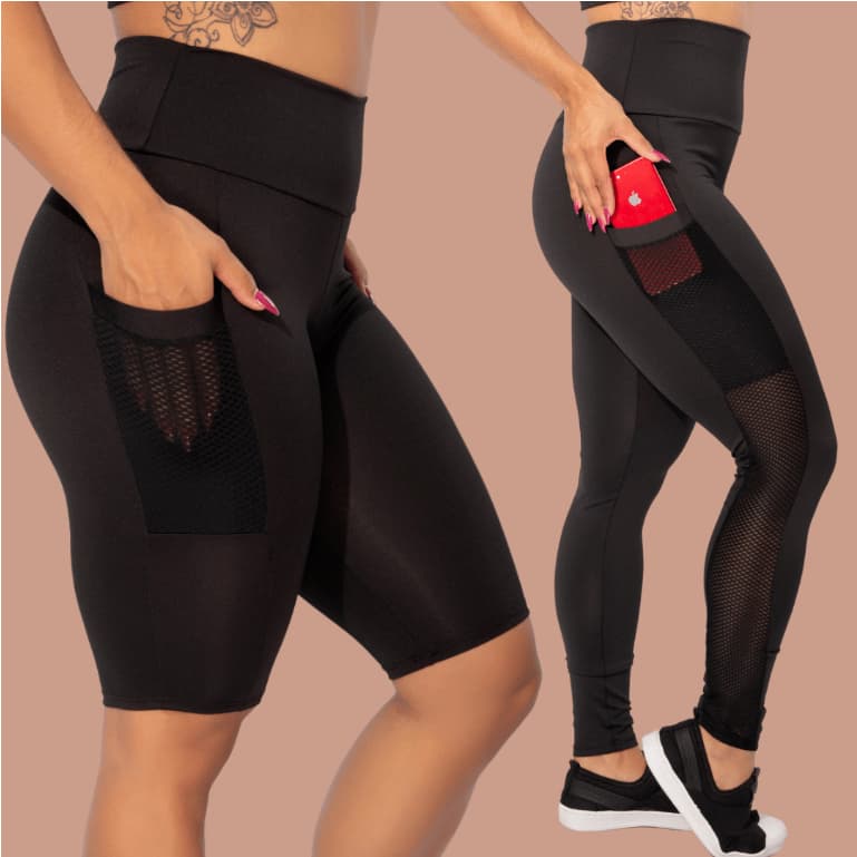 Kit Calça Legging Cintura Alta e Bermuda De Bolso Tela Fitness Academia Treino Feminino F7 NEW STYLE