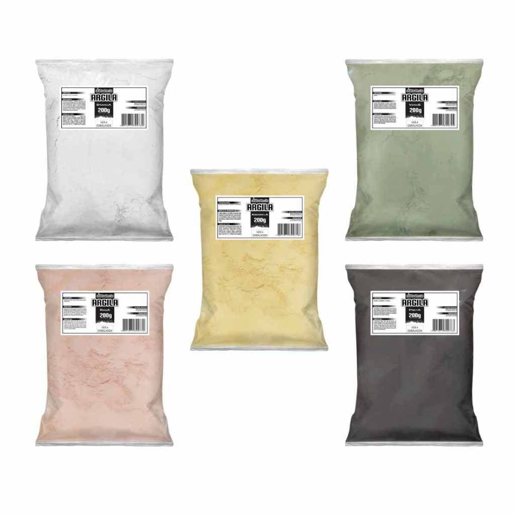 Kit 5 argilas 200g Daessencia (Branca, Verde, Rosa, Preta e Amarela)