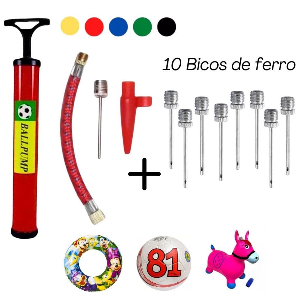 Bomba de Ar Manual c/ Acessórios + 10 Bicos de Metal  Encher Bolas Bico Encher Brinquedos Infláveis