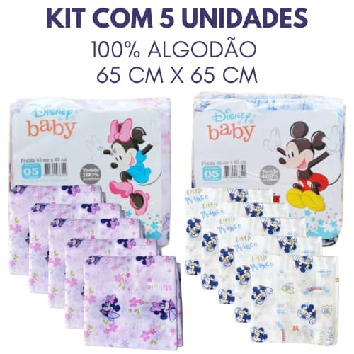 Kit Com 5 Fraldas De Pano Disney Baby Minnie e Mickey