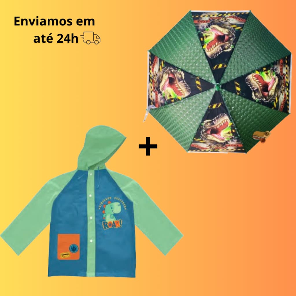 Kit Capa + Guarda-Chuva Dinossauro C/ Apito
