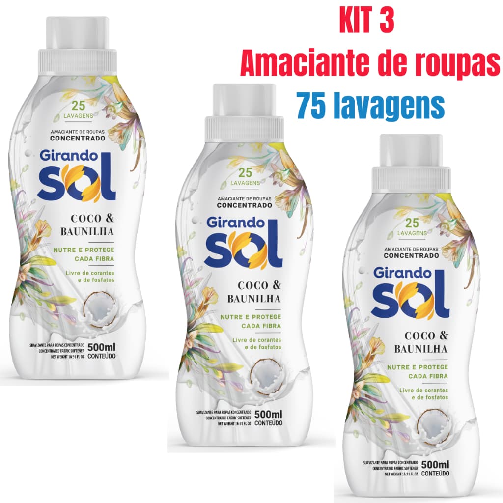 Kit 3 Amaciante Girando Sol Coco E Baunilha Concentrado 500ml - Rende até 25 Lavagens Cada