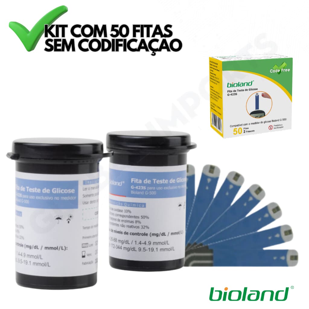 Fita De Glicose Reagentes Teste Medir Glicemia Bioland 50 Tiras