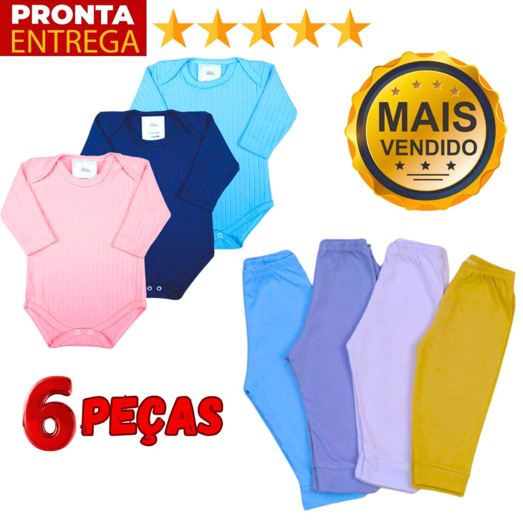 Kit 6 Peças Conjunto Body Canelado Manga Longa E Calça Mijão De Bebê Menino Menina