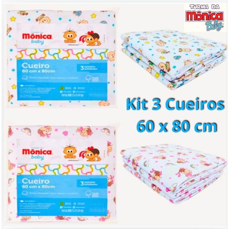 3 Cueiro Flanelado kit c/ 3 unidades 80x60 100% algodão Turma da Mônica Incomfral