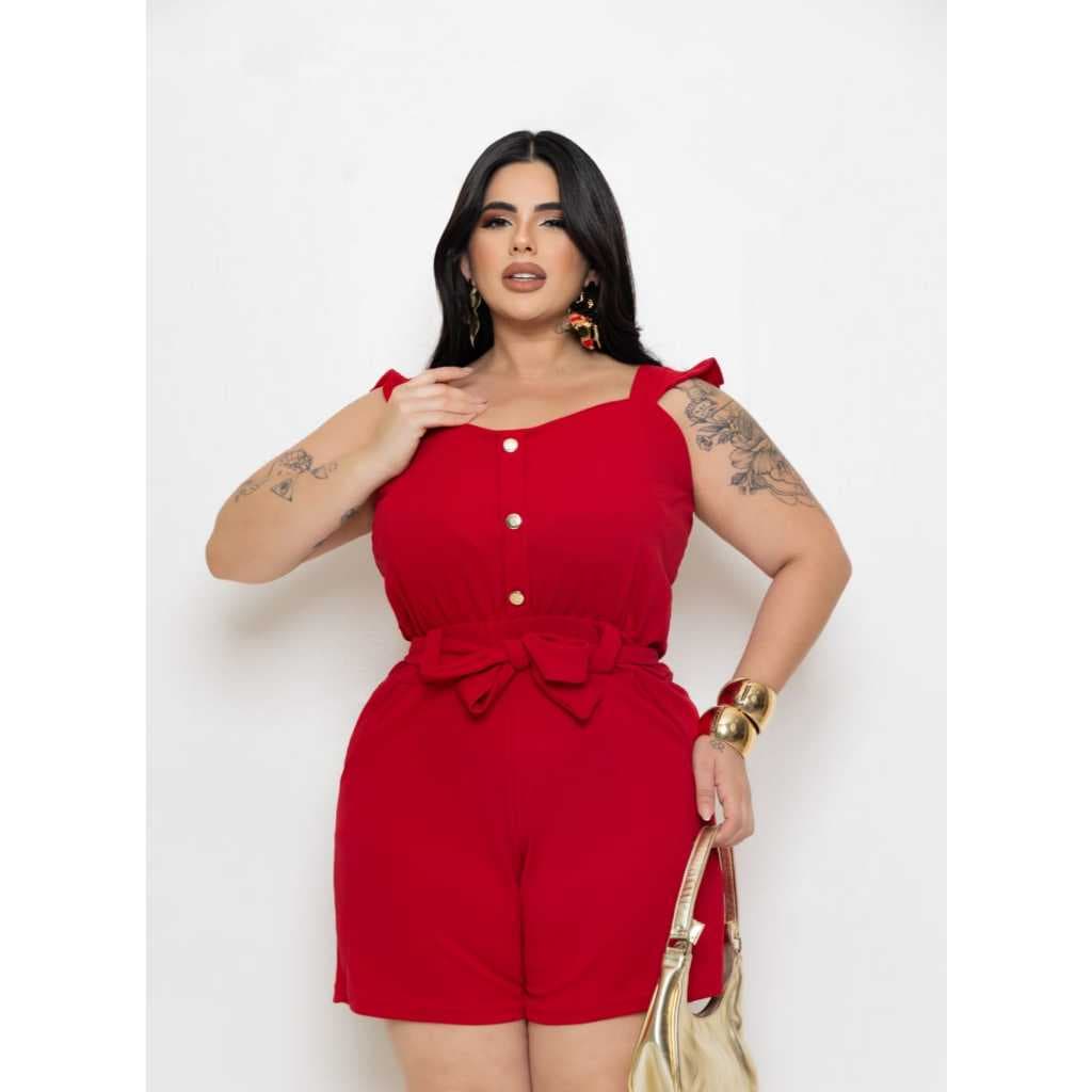 MACACÃO PLUS SIZE GG COM BOTÕES E CINTO VERÃO CURTO