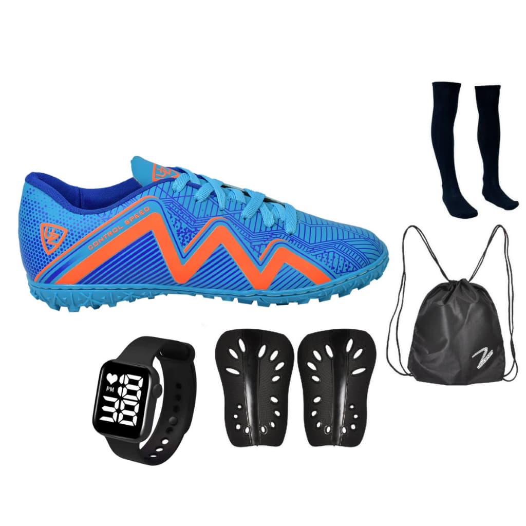 Chuteira Society Nova Adulto Gramado Sintético1000 + Meião Relógio Caneleira Mochila Uzze Sport