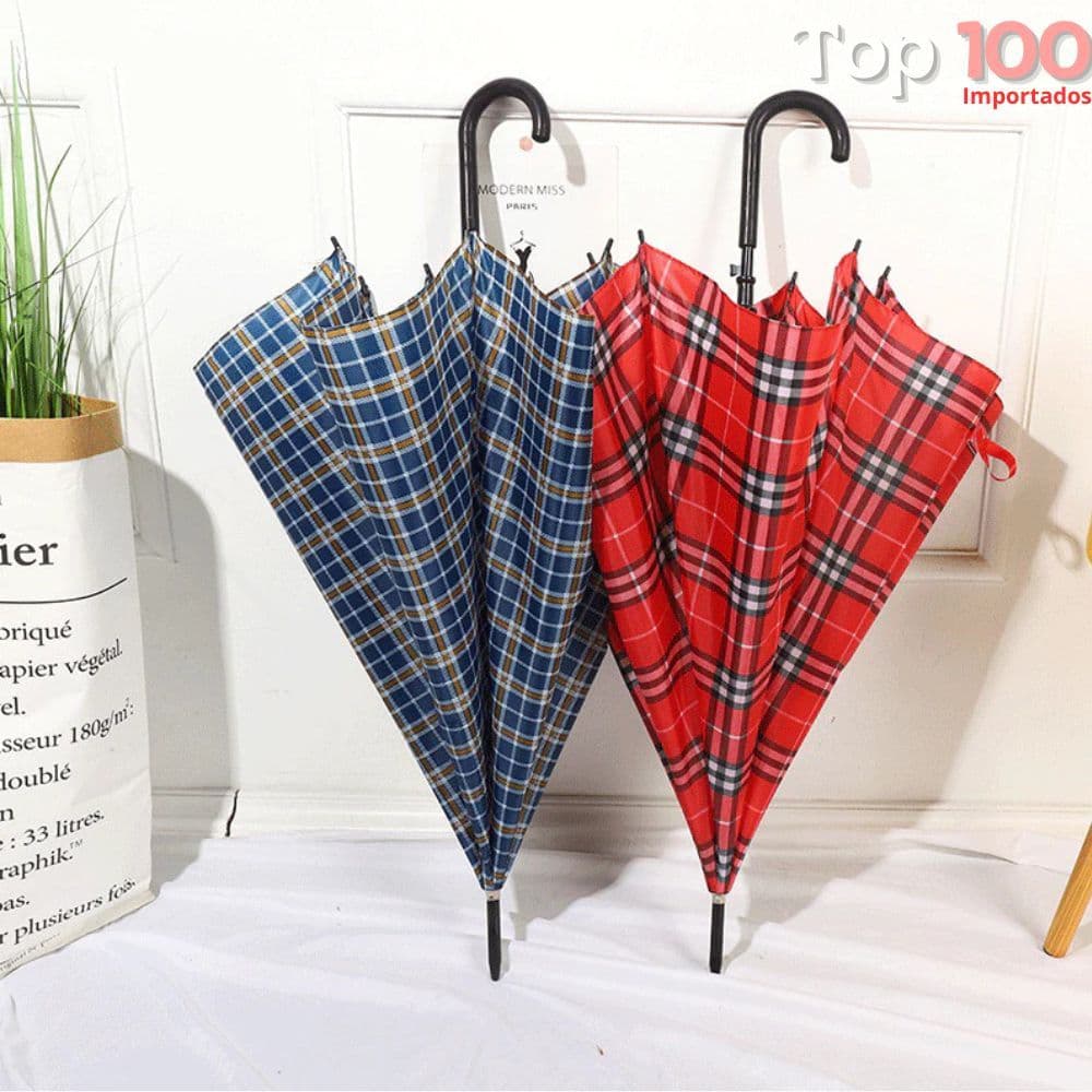 Guarda Chuva Xadrez Grande Cabo Reto e Curvado