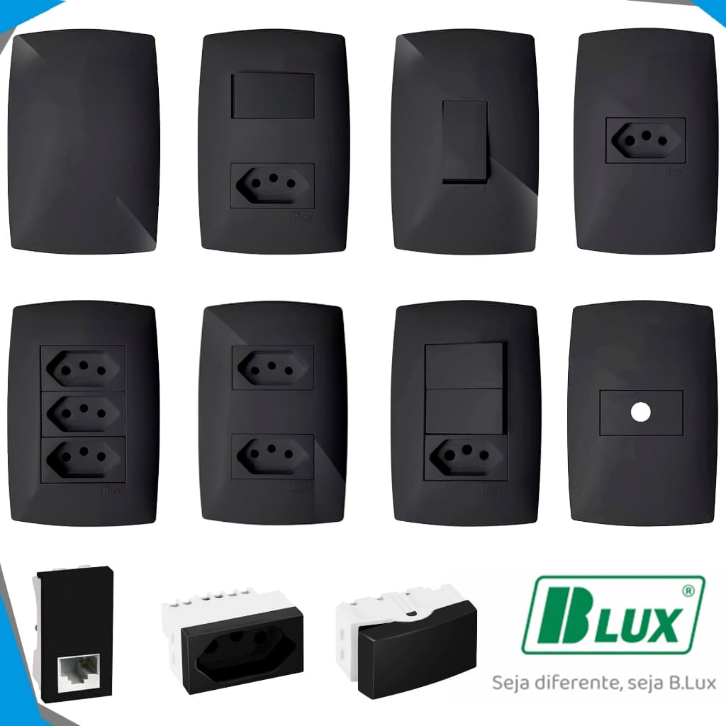 MONTE O SEU KIT: Conjunto 4x2 Tomada Preta Home Blux Grafite 10a 20a Interruptor Paralelo Preto BLUX