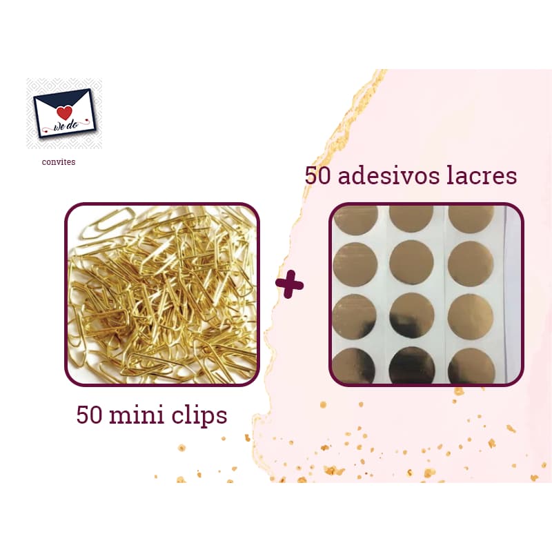 Mini clips dourado nº5 + Lacres adesivos para convites