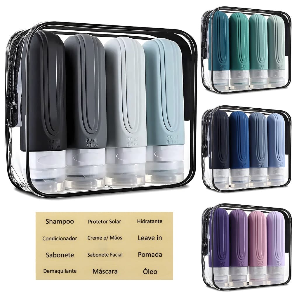 Kit Frascos Potes Viagem Silicone 90ml Condicionador Shampoo Creme Cosméticos 4 peças