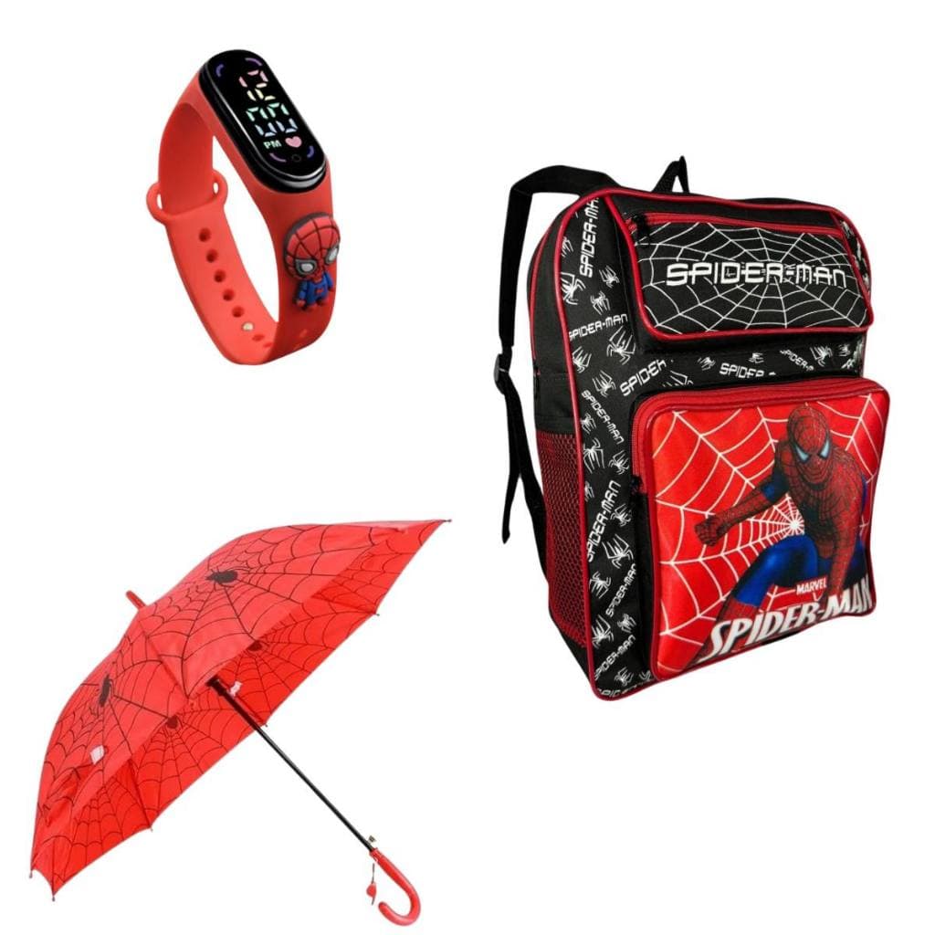 Kit Mochila Escolar Homem Aranha+ Guarda chuva + Relogio Personagem Infantil Menino Escola