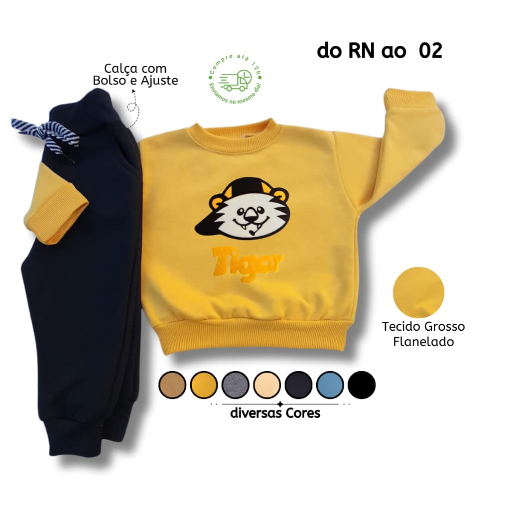 Conjunto de Moletom Infantil Menino Bebê Flanelado Grosso Roupa de Frio Peluciado kit do Rn ao 02