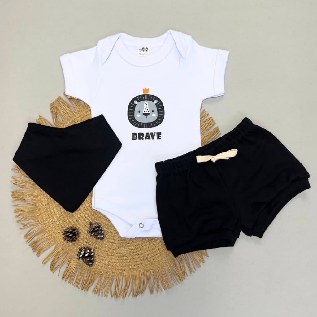 Conjunto Bebe Menino com Babador e Bermuda 100% Algodao