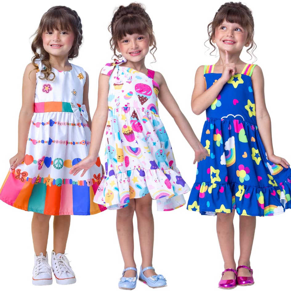 Vestido Infantil Menina Estampado E Liso Com Laço Rodado Colorido Para Festa