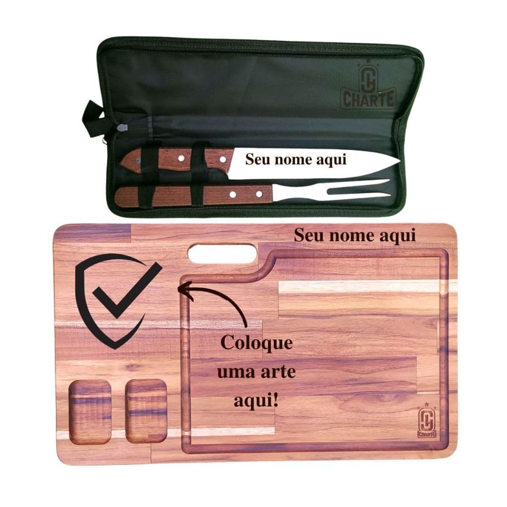 Kit Churrasco Tábua De Carne Grande E Estojo Faca E Garfo Inox Personalizado Para Cozinha De Madeira
