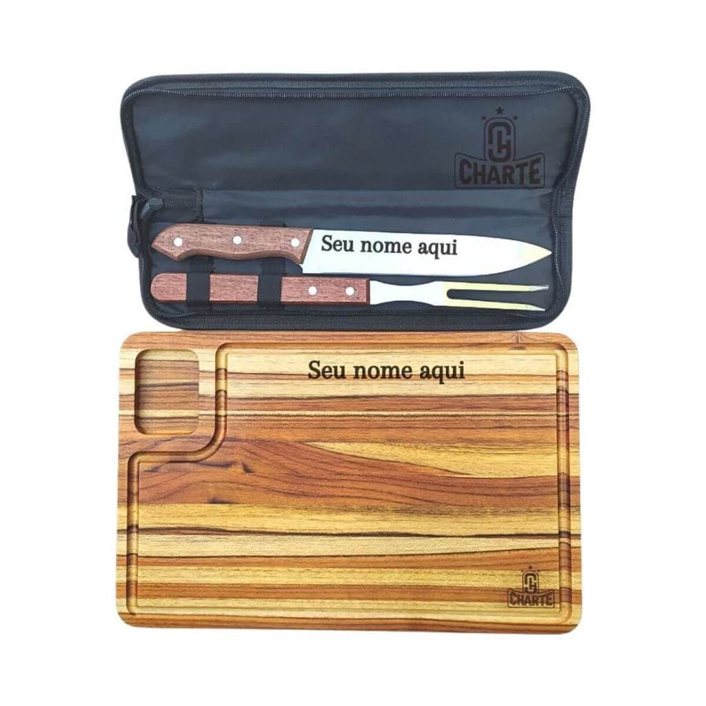 Kit Tábua de Carne com Conjunto Faca e Garfo Churrasco Personalizado Estojo