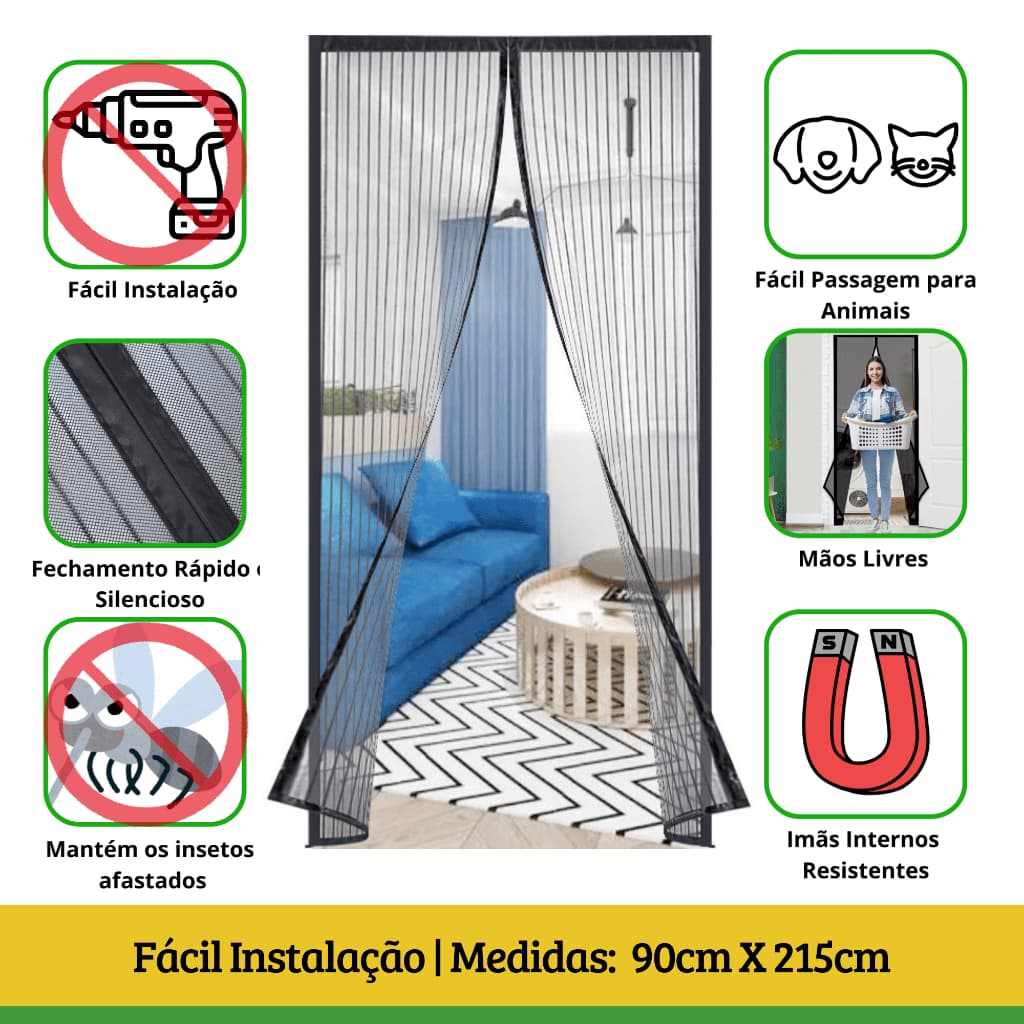 Tela Mosquiteiro Magnética para Porta 90x215cm Preto FortMesh