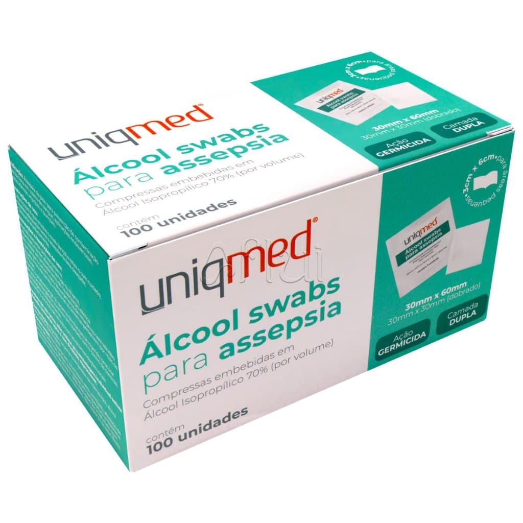 Álcool Swab Isopropílico 70% Lenço Umedecido para assepsia - 100u - Uniqmed Lenço Umedecido Sachê Asséptico