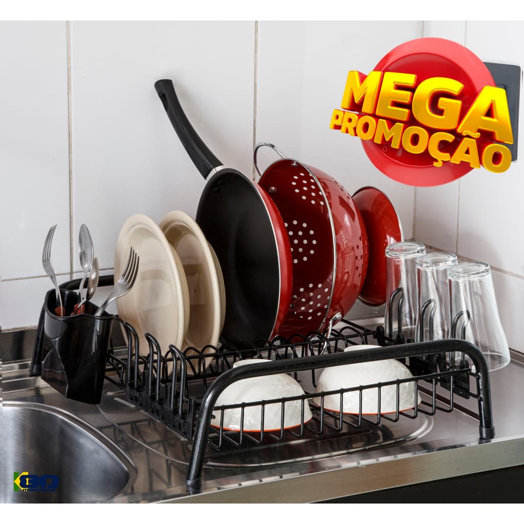 Escorredor De Louça All Black 12 Pratos  Porta 6 Copos & Porta Talher Embutido