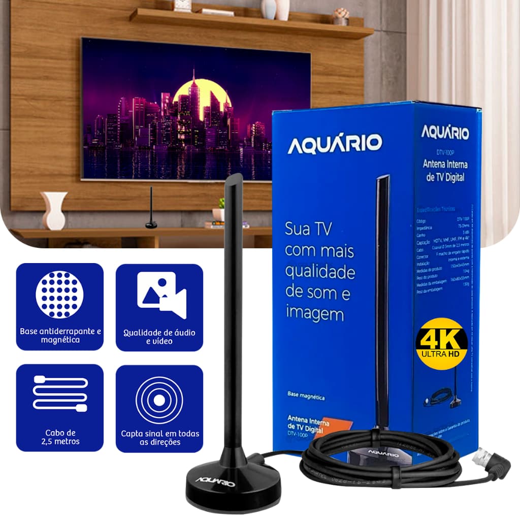 Antena Digital Full HDTV Interna 4k DTV-100P Aquario Em Metal Cabo 2,5 Metros