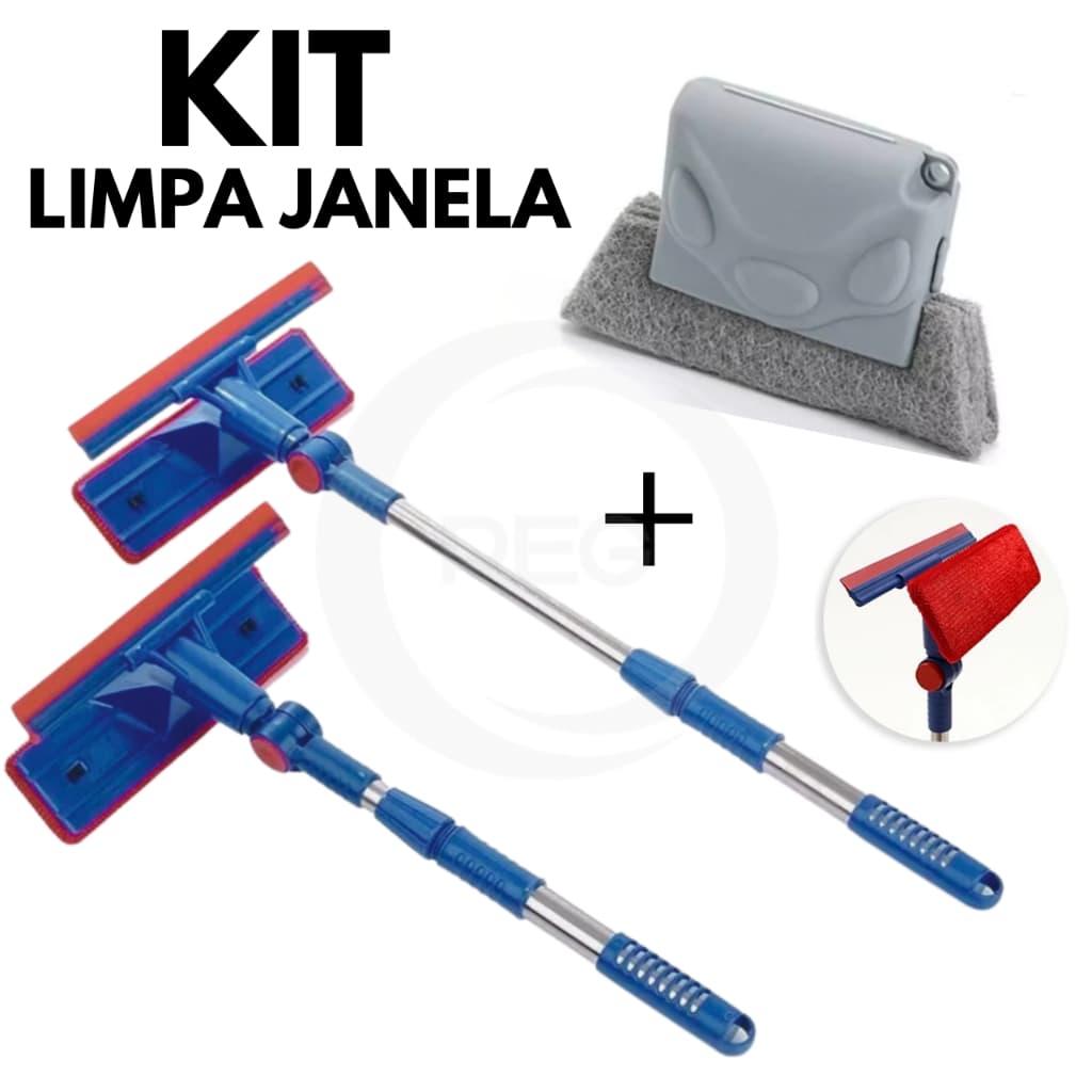 KIT Rodo Limpa Vidro + Escova Limpeza Cantos Janela Multiuso 2 em 1 Extensível com Esponja