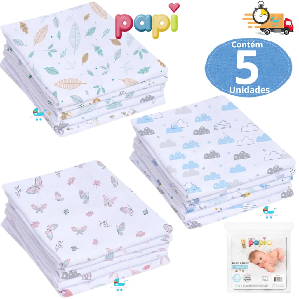 Fraldas de pano kit com 5,10 ou 15 unidades 60x60cm 100% algodão Papi Bebê Babete Toalinha Paninho