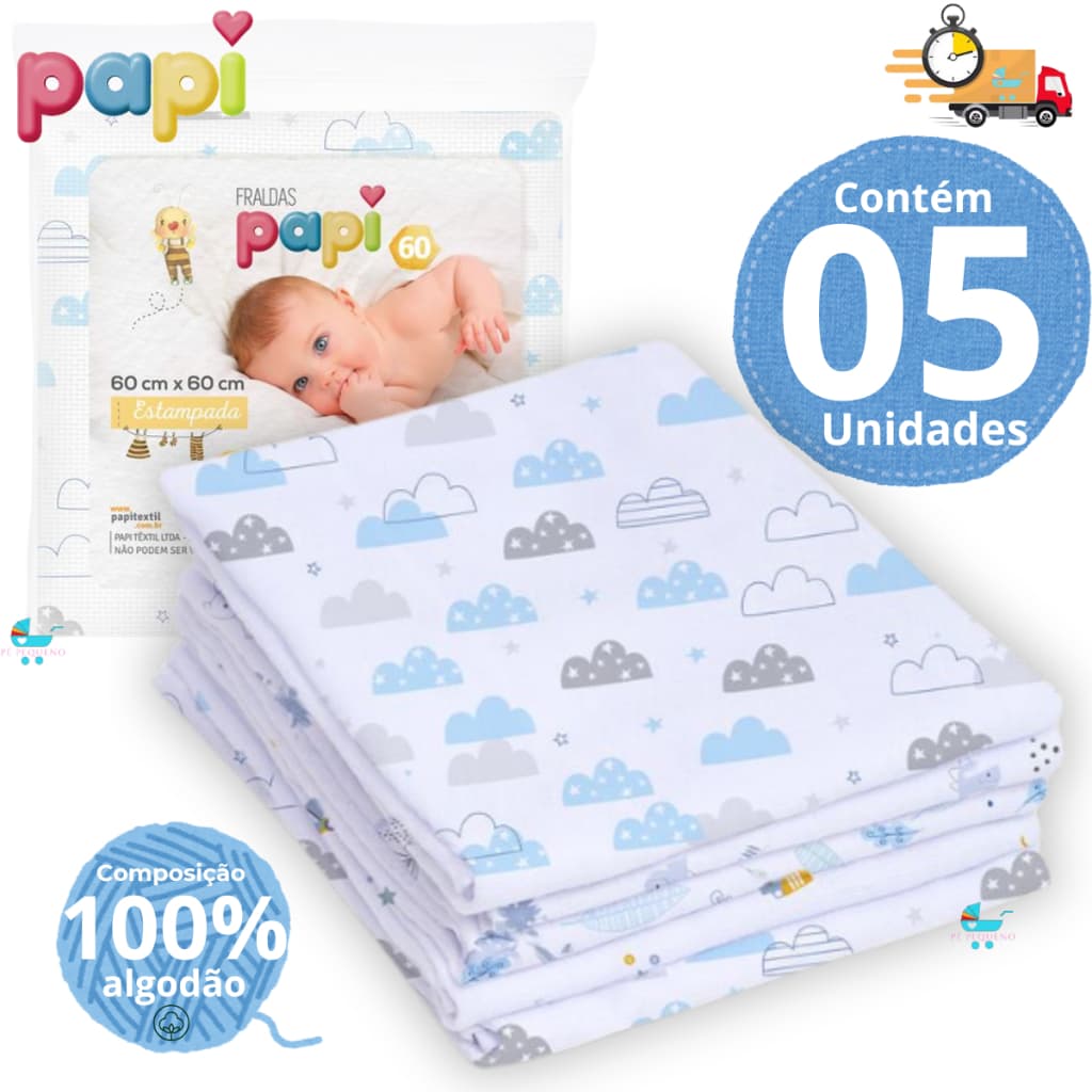 Fralda de pano kit com 5,10 ou 15 unidades fina 60x60cm 100% algodão – Papi Enxoval Infantil Bebê