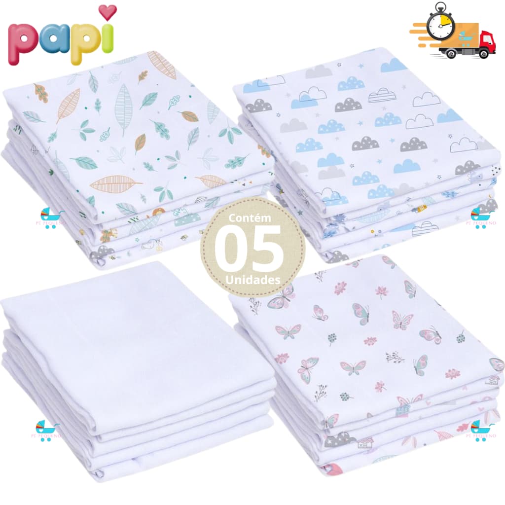 Fralda de pano kit com 5,10 ou unidades fina 60x60cm 100% algodão – Papi Enxoval Infantil Bebê
