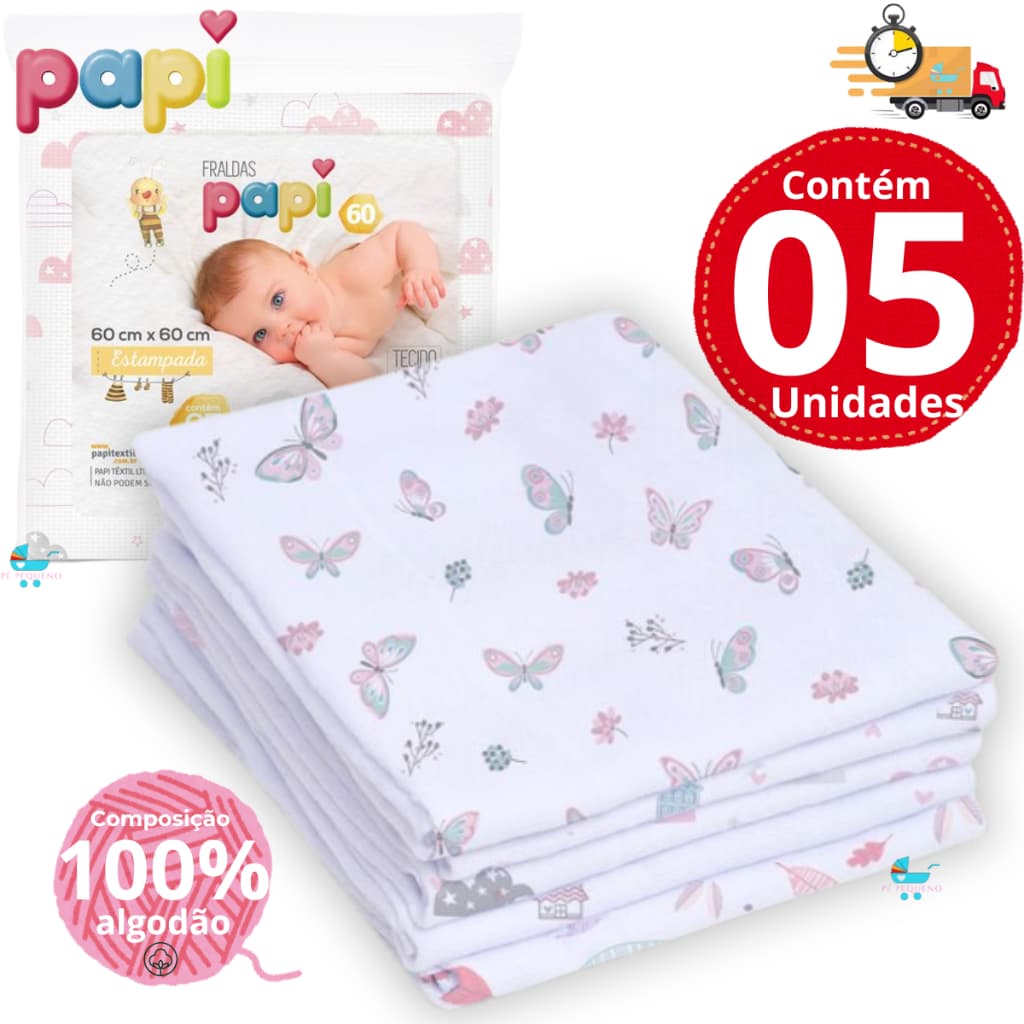 Kit 5 Fralda De Pano Estampado 60 x 60 Enxoval Infantil Bebê Menino Menina – Papi kit higiene bebe