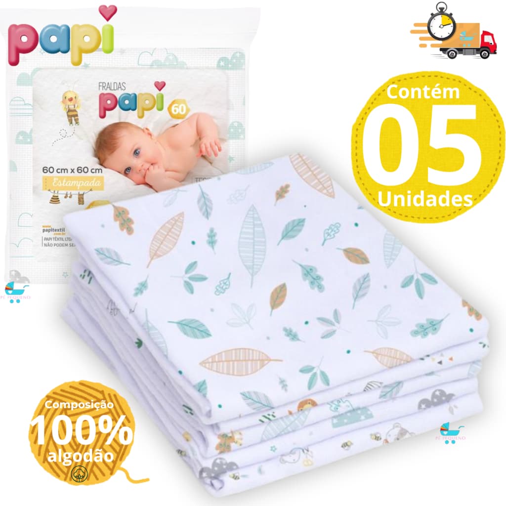 kit higiene Fralda De Pano Bebê Papi Branca ou estampada 60x60cm 100% Algodão Enxoval Infantil Bebê