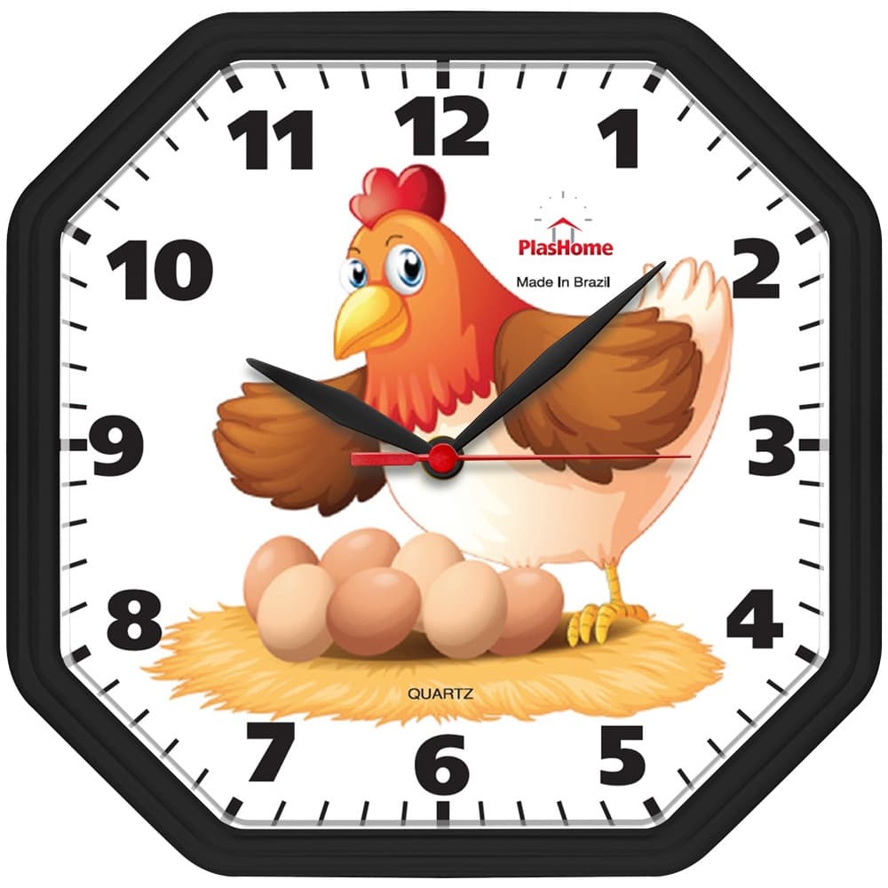 Relógio de Parede Gama Preto Galinha Oitavado Plashome Cozinha Sala Escritório