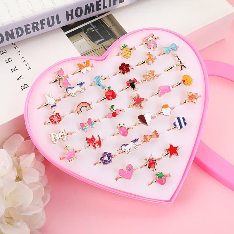 Caixa de 36 Anéis De Liga Ajustável Sortidos Bebê Menina Moda