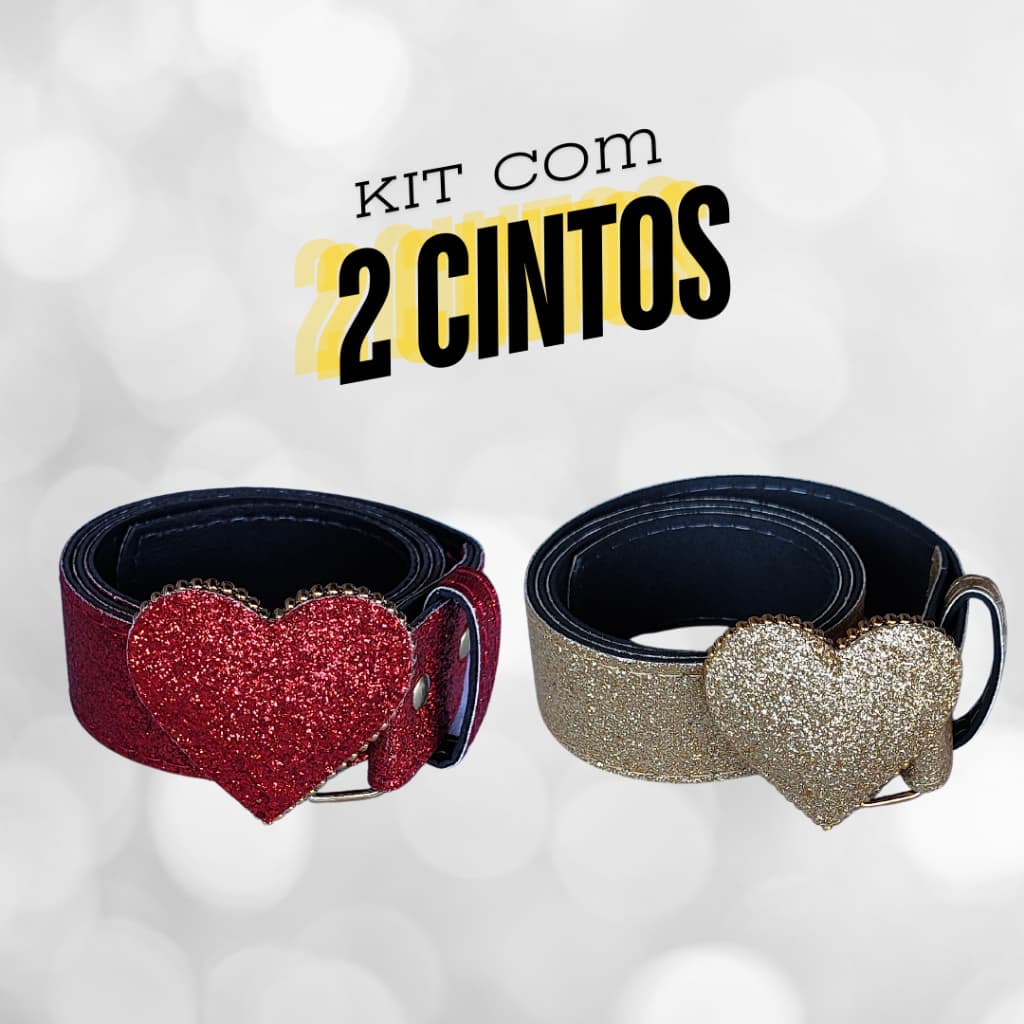 Kit Infantil Com 2 Cintos Vermelho e Dourado Com Glitter Fivela de Coração em Couro Sintético