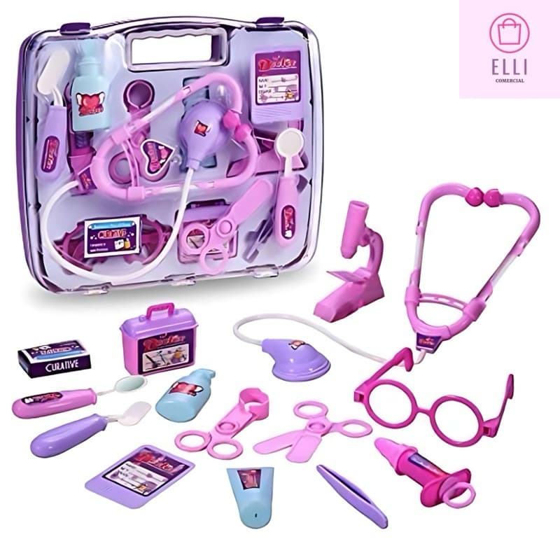 Kit Médica Maleta, Infantil, Educativo, Divertido, Brinquedo Menina, Mini Doutora, Rosa 14 Peças