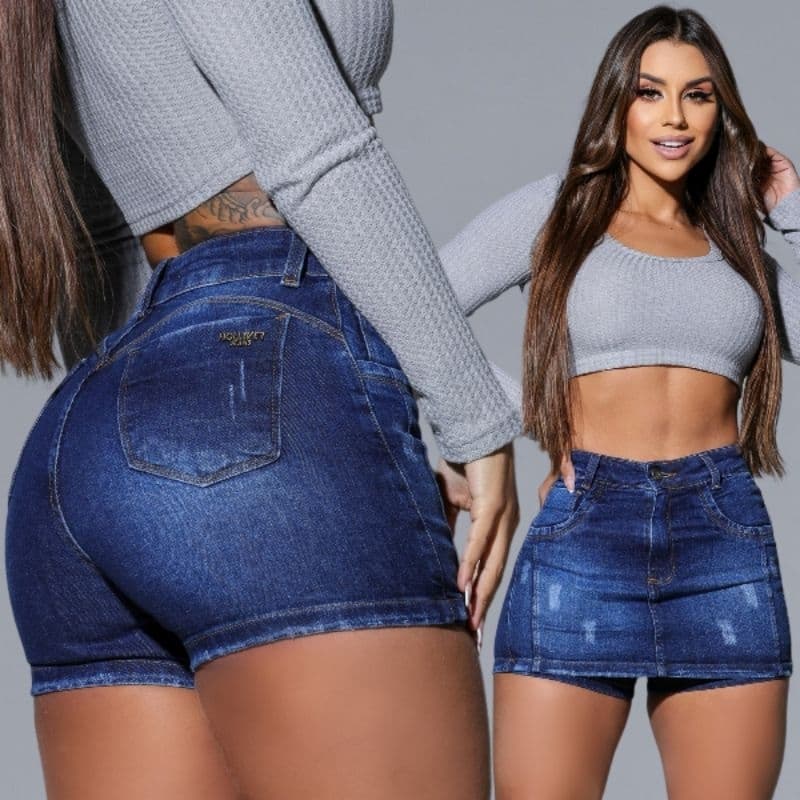 Short Saia Jeans Feminina Cintura Alta Luxo Com Elastano