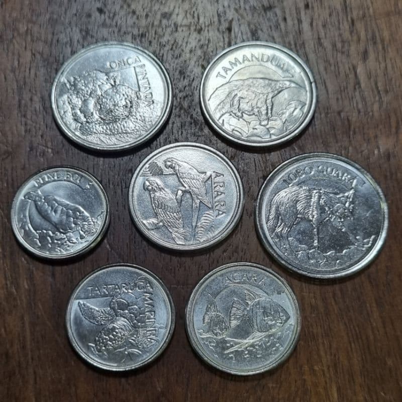 Set 7 Moedas série Fauna Brasil - Moeda Onça - Lobo Guará - Tamandua - Arara - Tartaruga - Acara - Peixe Boi
