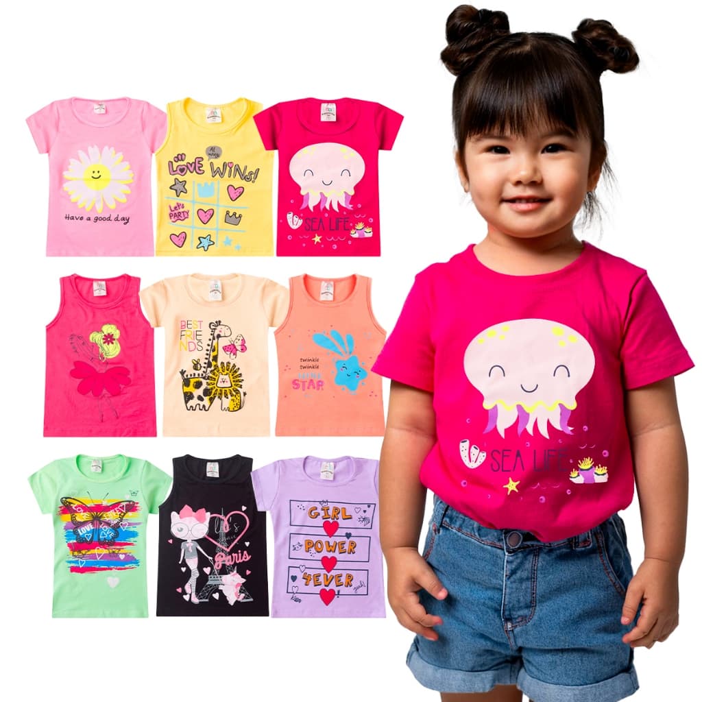 Kit 2, 3, 4, 5 ou 6 Peças Camisetas Verão Infantil Menina Feminino Manga Curta Veste 1 ao 14