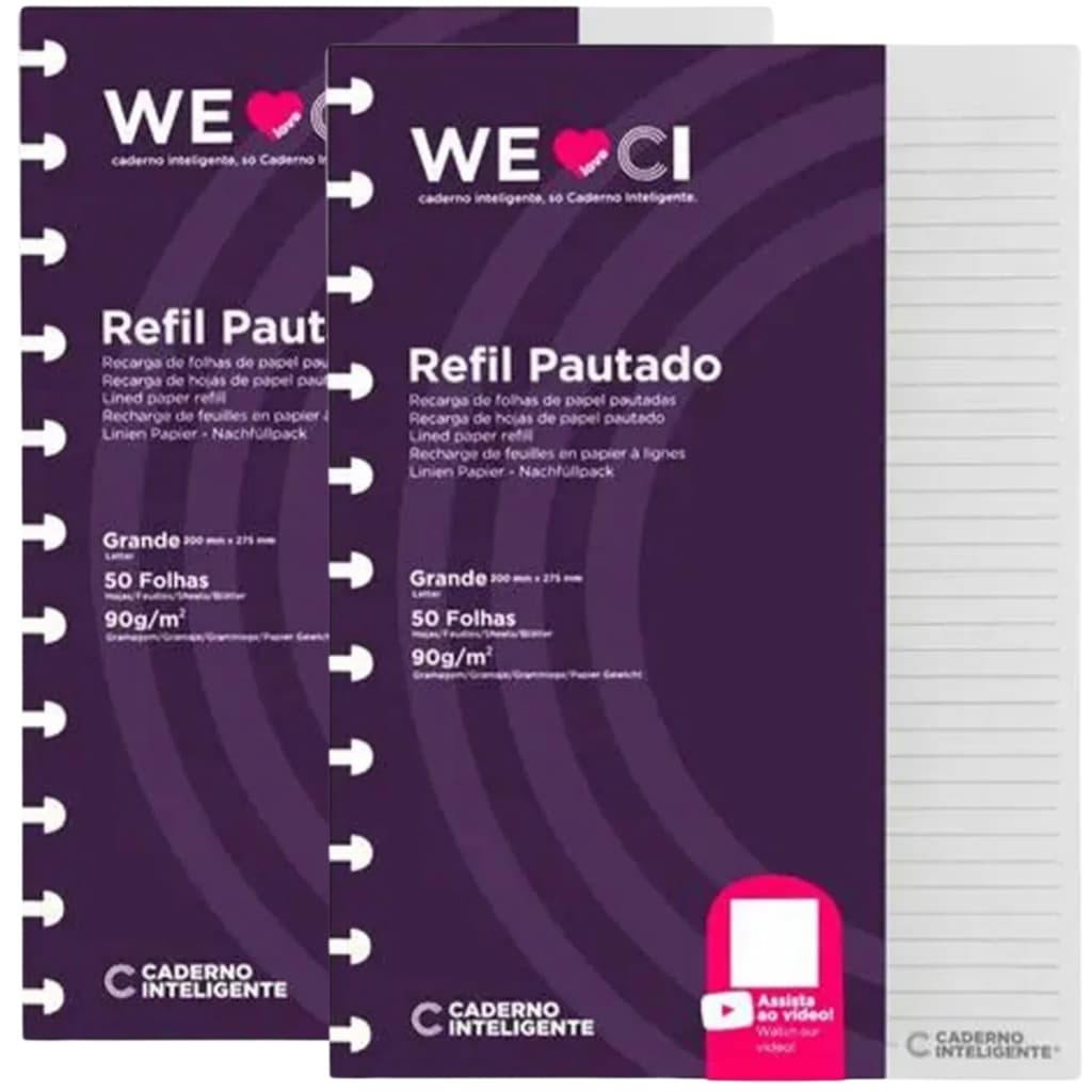 Refil Caderno Inteligente Pautado Grande 2 Pacotes 90g 50 Folhas Cada